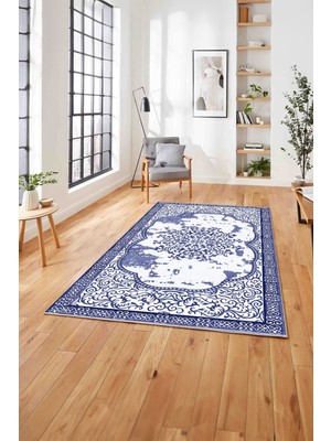 Napoli Home  Klasik Desen Dekoratif Baskılı Yıkanabilir Kaymaz Yolluk Mutfak Salon Halısı, Klasik-75-Lacivert,