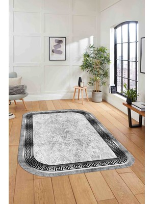 Napoli Home Dijital Lazer Kesim Klasik Model Yıkanabilir Kaymaz Yolluk Mutfak Salon Halısı, Lazer-39-Gri,