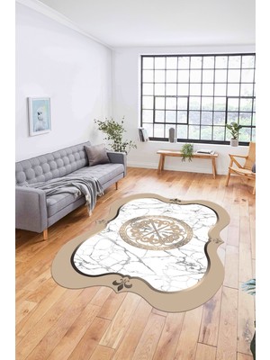 Napoli Home Dijital Lazer Kesim Göbek Motifli Yıkanabilir Kaymaz Yolluk Mutfak Salon Halısı, Lazer-34-Bej,