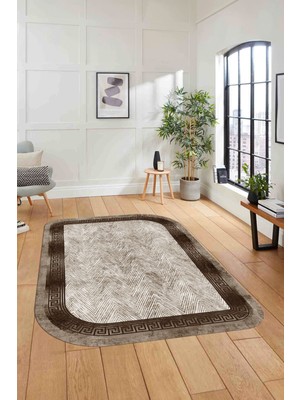 Napoli Home Dijital Lazer Kesim Klasik Model Yıkanabilir Kaymaz Yolluk Mutfak Salon Halısı, Lazer-39-Kahve,