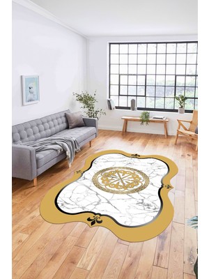 Napoli Home Dijital Lazer Kesim Göbek Motifli Yıkanabilir Kaymaz Yolluk Mutfak Salon Halısı, Lazer-34-Sarı,