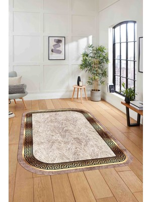 Napoli Home Dijital Lazer Kesim Klasik Model Yıkanabilir Kaymaz Yolluk Mutfak Salon Halısı, Lazer-39-Gold-Bej,