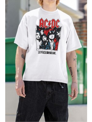 Sevbano Müzik Grubu Rock Metal Highway To Hell Baskılı Unisex Tişört, Oversize Ac Dc Tişört