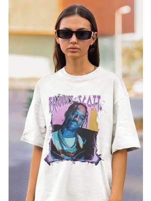 Sevbano Şarkıcı Travis Scott Baskılı Unisex Oversize Rapper Tişört