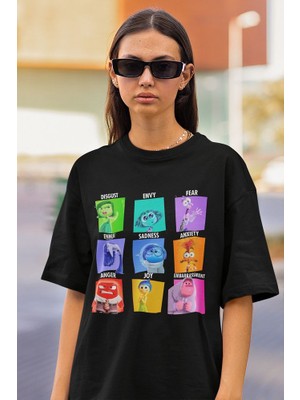 Sevbano Ters Yüz Karakterler Çizgi Film Baskılı Unisex Tişört, Oversize Inside Outt Tişört