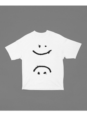 Sevbano Unisex Smiley Baskılı Tişört, Oversize Gülen Yüz Tişört