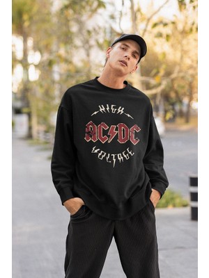 Sevbano High Ac Dc Voltage Yazılı Unisex Oversize Rock Metal Sweatshirt