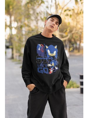 Sevbano Sonic Lets Go Baskılı Unisex Oversize Çizgi Film Sweatshirt