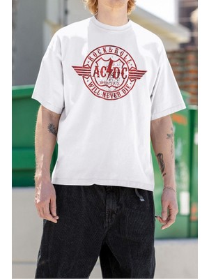 Sevbano Rock & Roll Will Never Die Baskılı Unisex Tişört, Oversize Ac Dc 1973 Müzik Grubu Tişört