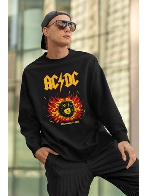 Sevbano Ac Dc Highway To Hell Baskılı Unisex Sweatshirt, Oversize Rock Metal Sweatshirt