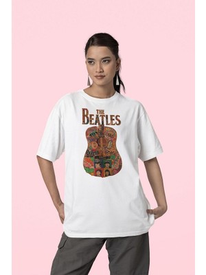 Sevbano The Beatles Müzik Grubu Gitar Temalı Baskılı  Oversize Tişört