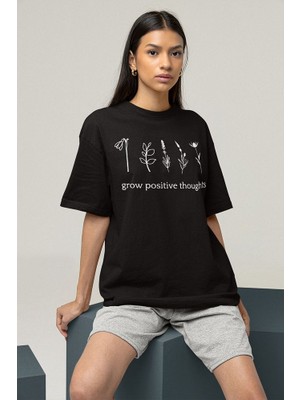 Sevbano Grow Positive Thoughts Evrim Baskılı  Oversize Tişört