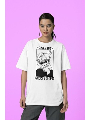 Sevbano Call Me Gojo Sensei Baskılı  Tişört, Oversize Anime Karakteri Tişört