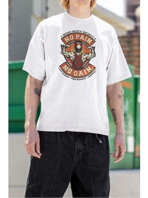 Sevbano No Pain No Gain Old School Gym Baskılı  Tişört, Oversize Fitness Tişört