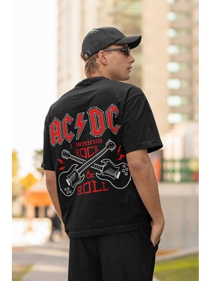 Sevbano I Wanna Rock & Roll Ac Dc Baskılı  Oversize Tişört