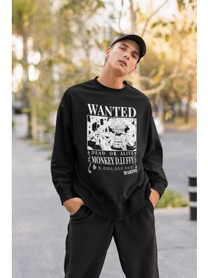 Sevbano Wanted Anime Karakter Baskılı Unisex Oversize Monkey D. Luffy Sweatshirt