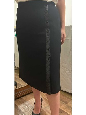 Butik Siyah Payet ve Inci Düğme Detaylı Kalem Etek 36 Beden Dokuma Kumaş Kısa Uzunluk