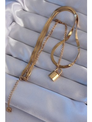 Lisinya 316L Çelik Gold Renk Çift Zincir Kilit Model Kolye