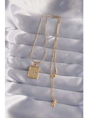 Lisinya 316L Çelik Zincir Gold Renk Zirkon Taşlı Ay Yıldız Figürlü Tarot Kolye - Lisinya