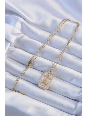 Lisinya 316L Çelik Zincir Altın Renk Zirkon Taşlı Çerçeveli Tarot Kolye - Lisinya