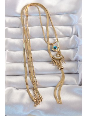 Lisinya 316L Çelik Gold Renk Zirkon Taşlı Göz Detay Nazarlı Uzun Asansör Model Kolye