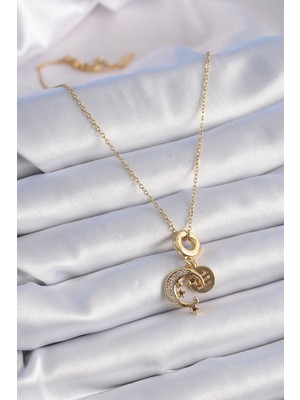 Lisinya 316L Çelik Gold Renk Zirkon Taşlı Ay Yıldız  Model Charm Model Kadın Kolye - Lisinya