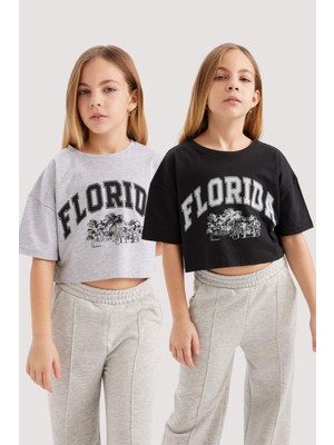 DeFacto Kız Çocuk Crop Bisiklet Yaka 2'li Kısa Kollu Tişört B7795A8NS