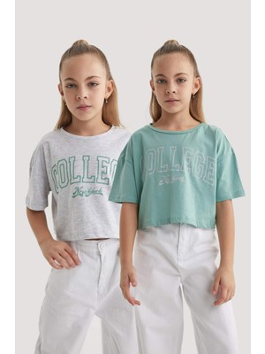 DeFacto Crop Bisiklet Yaka 2'li Kısa Kollu Tişört Kız Çocuk B7795A8NS