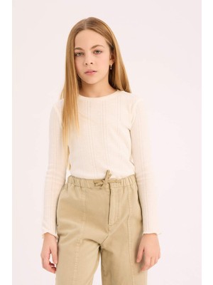 DeFacto Kız Çocuk Slim Fit Dar Kesim Bisiklet Yaka Uzun Kollu Tişört D9234A825SP