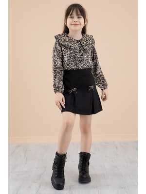 Cansın Mini Leopar Desenli Bluzlu Fiyonklu Etekli Kız Çocuk Takım 20338