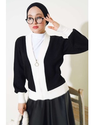 Sakallı Bant Detaylı Yarım Fermuarlı Triko Kadın Hırka