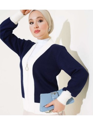 Sakallı Bant Detaylı Yarım Fermuarlı Triko Kadın Hırka