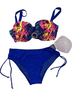 Kadın Saks Mavi Renk Desenli Toka Detaylı  Astarlı Bikini Takım HZL25S-LC3322