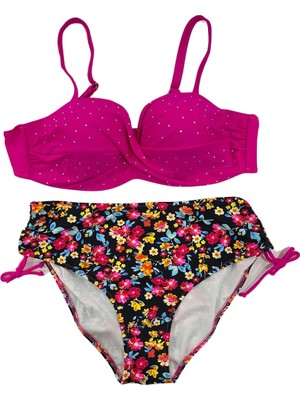 Kadın Fuşya Çiçek Desenli Taş Işlemeli Büyük Beden Astarlı Bikini Takım HZL25S-LC3312