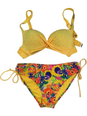 Kadın Sarı Çiçek Desenli Taş Işlemeli  Astarlı Bikini Takım HZL25S-LC3313