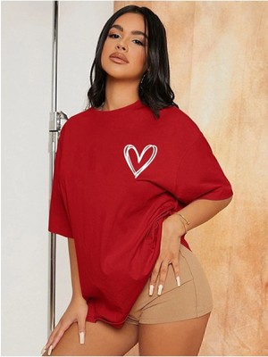 Minimal Kalp Baskılı Siyah Oversize T-Shirt
