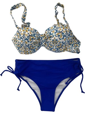 Kadın Mavi Beyaz Desenli Taş Işlemeli  Astarlı Bikini Takım HZL25S-LC3309