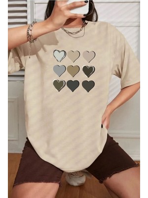 Kadın Kalp Baskılı T-Shirt Oversize Salaş
