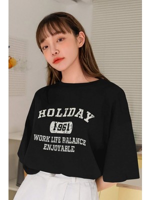 Kadın Holiday Baskılı Tasarım T-Shirt Oversize Salaş