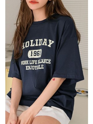 Kadın Holiday Baskılı Tasarım T-Shirt Oversize Salaş