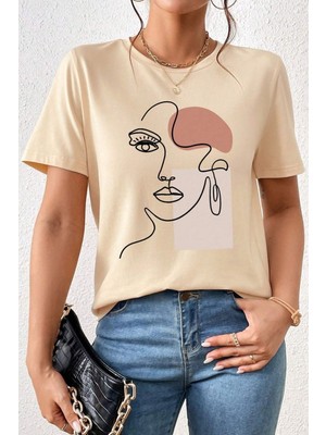 Kadın Make Up Siluet Baskılı Tasarım Tshirt Oversize Salaş