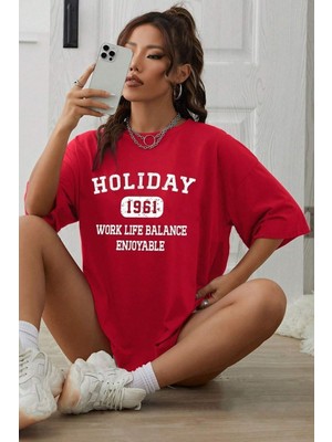 Kadın Holiday Baskılı Tasarım T-Shirt Oversize Salaş