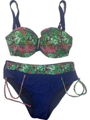 Kadın Yeşil Çiçek Desenli Büyük Beden Astarlı Lacivert Bikini Takım HZL25S-LC3301