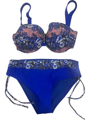 Kadın Mavi Çiçek Desenli Büyük Beden Astarlı Lacivert Bikini Takım HZL25S-LC3301