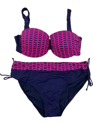Kadın Fuşya Zincir Desenli Büyük Beden Astarlı Lacivert Bikini Takım HZL25S-LC3303