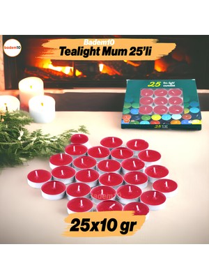 Badem10 Tealight Mum 25X10 gr Dekoratif Mumu Kandil Hediyelik Fitilli Mumluk Şamdan Kırmızı Renk Kokusuz