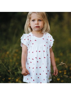 Antebies Organik Beyaz Uğurböceği Desenli Jakarlı Omuzda Çıtçıtlı Fırfırlı Bodyli Kısa Kollu Kız Bebek Elbise