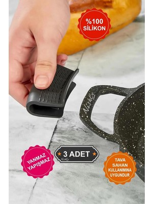 Nishev Yanmaz Yapışmaz Silikon Tava, Sahan Tutacağı Silikon Kulp Tutacak – 3 Adet Çift