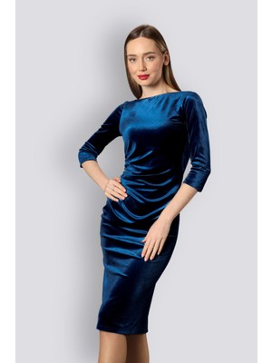 HOX'S Monroe | Kadife Midi Kalem Elbise Kayık Yaka Drapeli Bel - Gece Mavisi