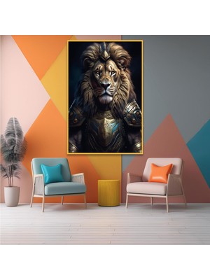 Gaagart Metal Çerçeveli Temperli Cam Tablo  Savaşçı Aslan Portresi